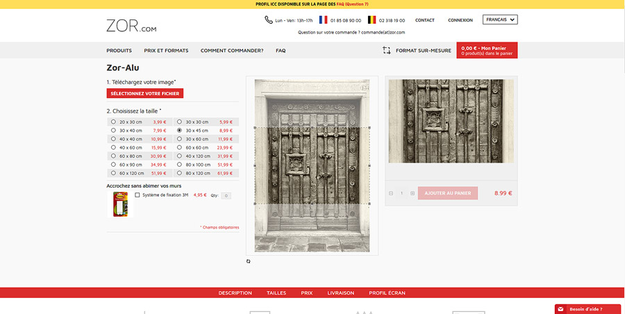 Interface de cration en ligne d'un tableau photo Zor