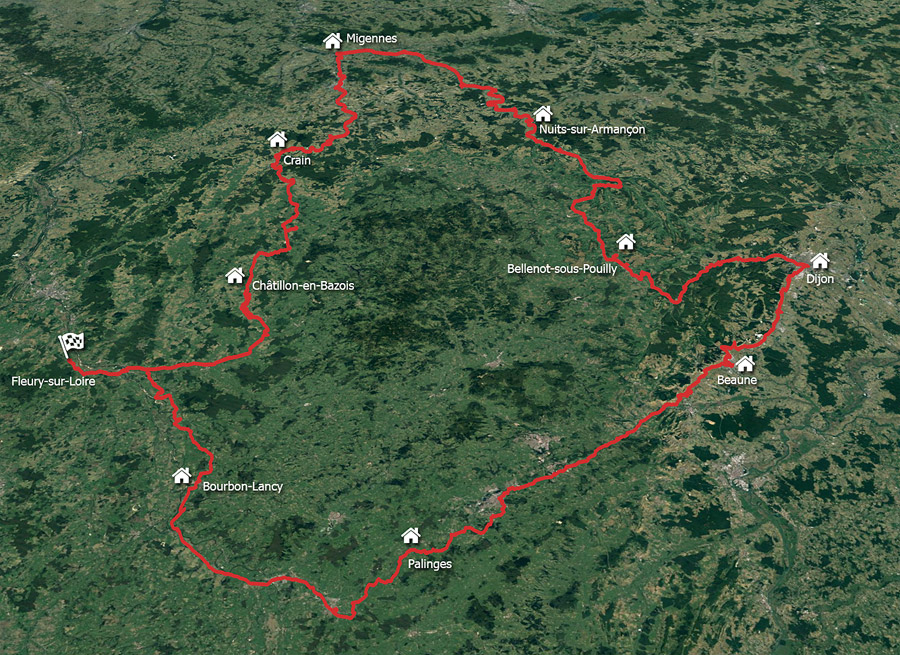 Carte de notre tour de Bourgogne  vlo
