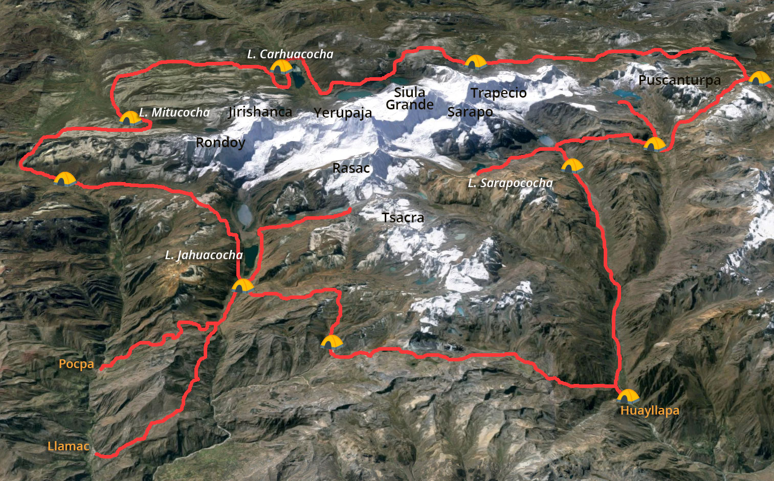 Carte du trek de la cordillre Huayhuash